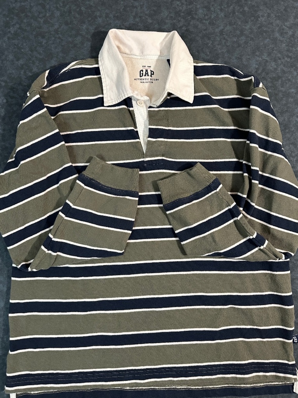 Y2K Gap 1969 Authentic Striped Long Sleeve Green Navy Blue & White Rugby Shirt